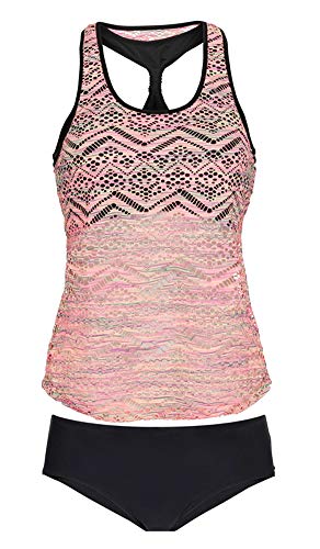 LA ORCHID Laorchid Damen Tankini Zweiteiler Push Up Bademode bügellos Mesh Weste Badeanzug Rosa XL - 1