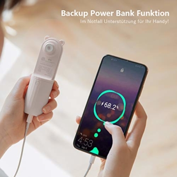 Lahuko Bär Mini Handventilator, 2 Windmodi, 24h Arbeitszeit, Starker Wind, 24h Akkulaufzeit, Power Bank für Handy, Tragbarer USB Mini Lüfter für Büro, Urlaub und Reisen(Weiß) - 6