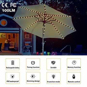 Regenschirm Lichterkette B-right Lichterkette für Sonnenschirm Sonnenschirmbeleuchtung LED Lichtbänder mit Fernbedienung, wiederaufladbare Batterie, 104LED, für Schirmdekoration, Campingzelte. - 2