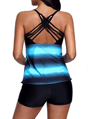 Sixyotie Damen Mehrfarbig Tankini mit Oberteile und Badeshorts Badeanzug Beachwear Zweiteiler Bademode mit Bügeln UV Schutz (Blau, EU 40 (XL)) - 4