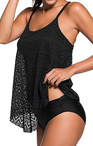 Socluer YuanYan Damen Sportlich Tankini Top Bandeau Bikini Sets Zwei Stück Beachwear Gepolstert Badeanzug, L, Schwarz - 2