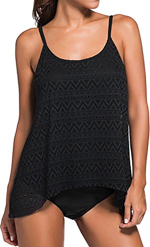 Socluer YuanYan Damen Sportlich Tankini Top Bandeau Bikini Sets Zwei Stück Beachwear Gepolstert Badeanzug, L, Schwarz - 3