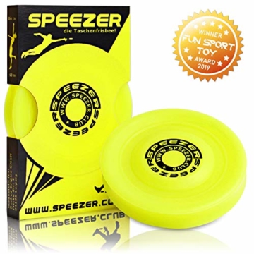 SPEEZER Mini Frisbee – die neon gelbe Wurfscheibe ist der Outdoor Fun Sport Spaß für alle – klein u. soft passt die smarte Flugscheibe in jede Hosentasche u. ist das Wurfspiel für Kinder o. Profis - 1