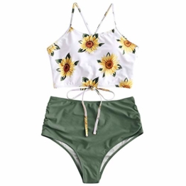 ZAFUL Damen Gepolstert Hohe Taille Lace-up Tankini Set Tarnung-Grün S - 1