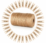 ABSOFINE Garten Kordel mit 100 Wäscheklammern Holz 3,5cm Bastelschnur Jute Kordel 100M Natur Juteschnur Clothespins Verpackung Gastgeschenk - 1