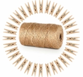 ABSOFINE Garten Kordel mit 100 Wäscheklammern Holz 3,5cm Bastelschnur Jute Kordel 100M Natur Juteschnur Clothespins Verpackung Gastgeschenk - 1