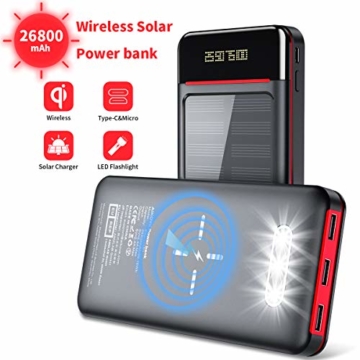 Aikove Wireless Powerbank 26800mAh Solar Externe Handy Akku mit (USB C&Micro) Zwei 2,4A Eingänge und DREI 2,4A Ausgänge, LCD Hohe Kapazitäts Solarladegeräte für Das Tablettes, Smartphones … - 1