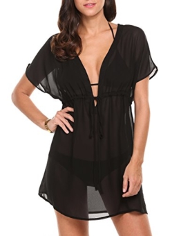 Avidlove Bikini Cover up Boho Chiffon Tunika Strandponcho Sommer Kurze Bat Ärmel Kleid Bluse Swimwear Tief V Ausschnitt Strandkleid, Schwarz, M - 1