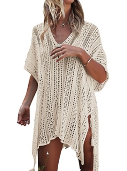 Damen Gestrickte Strandkleid Sommer Strandponcho Strandurlaub Badeanzug Bikini Cover-Ups HAIGOU (One Size, Beige) - 1