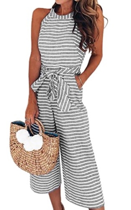 ECOWISH Damen Jumpsuit Sommer Overall Sexy Gestreiften Hosenanzug Ärmellos Playsuit Breites Bein Romper 0930Grau L - 1