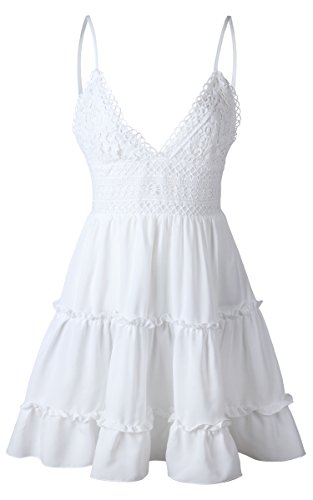 ECOWISH V Ausschnitt Kleid Damen Spitzenkleid Träger Rückenfreies Kleider Sommerkleider Strandkleider Weiß XL - 3