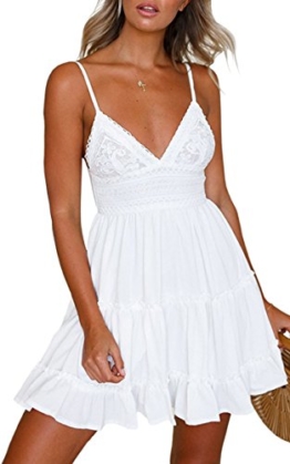 ECOWISH V Ausschnitt Kleid Damen Spitzenkleid Träger Rückenfreies Kleider Sommerkleider Strandkleider Weiß XL - 1