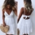 ECOWISH V Ausschnitt Kleid Damen Spitzenkleid Träger Rückenfreies Kleider Sommerkleider Strandkleider Weiß XL - 4