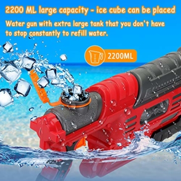EKKONG Wasserpistole, 2200ML Wasserpistolen groß mit 10 Meter Reichweite für Kinder und Erwachsene Sommerpartys im Freien, Strand, Pool, Garten Strandspielzeug (Rot-Schwarz) - 6