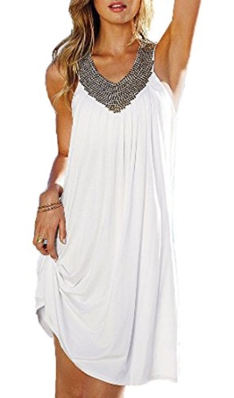 JQLampe Damen Sommer Sexy V Schnitt Falten Armellos Strandkleid Locker Beach Knielang Kleider Einfarbig Blusenkleider Partykleid Cocktailkleid - 1