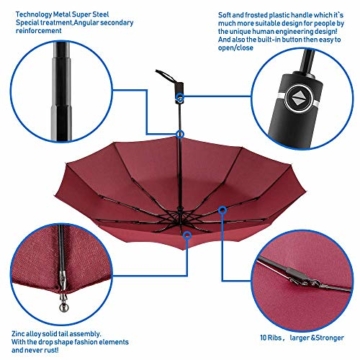 Newdora Regenschirm Taschenschirm Windproof sturmfest Auf-Zu Automatik 210T Nylon Umbrella wasserabweisend klein leicht kompakt 10 Ribs Reise Golfschirm mit Trockenbeutel(Weinrot) - 3