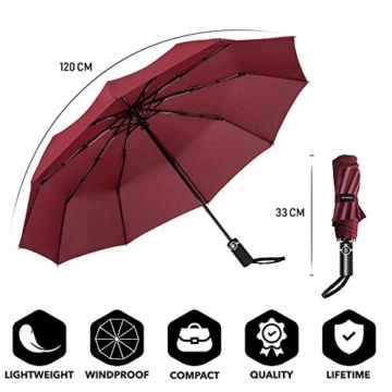 Newdora Regenschirm Taschenschirm Windproof sturmfest Auf-Zu Automatik 210T Nylon Umbrella wasserabweisend klein leicht kompakt 10 Ribs Reise Golfschirm mit Trockenbeutel(Weinrot) - 5