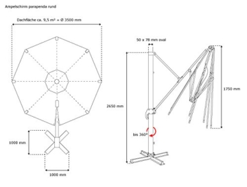 paramondo parapenda Ampelschirm Ampelsonnenschirm, rund, Ø 3,5 m, 360° Schwenkbar, Kurbelbedienung, Blau, Stahl-Standkreuz und Gestell in Silber - 4