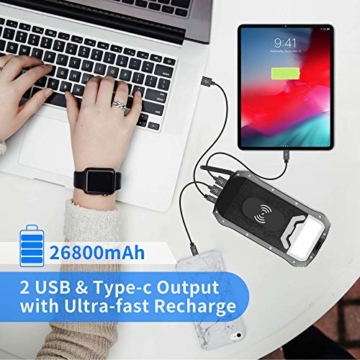 Powerbank Solar 26800mAh QI Wireless Solar Ladegerät mit 3 Eingangswege und 4 Geräte Ausgängen Max 5V/3.1A Solar Power Bank Externer Akku mit 18 LED Taschenlampe für Handys Outdoor Aktivitäten - 2