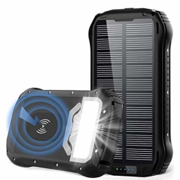 Powerbank Solar 26800mAh QI Wireless Solar Ladegerät mit 3 Eingangswege und 4 Geräte Ausgängen Max 5V/3.1A Solar Power Bank Externer Akku mit 18 LED Taschenlampe für Handys Outdoor Aktivitäten - 1