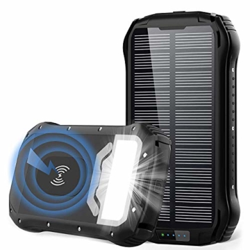 Powerbank Solar 26800mAh QI Wireless Solar Ladegerät mit 3 Eingangswege und 4 Geräte Ausgängen Max 5V/3.1A Solar Power Bank Externer Akku mit 18 LED Taschenlampe für Handys Outdoor Aktivitäten - 1