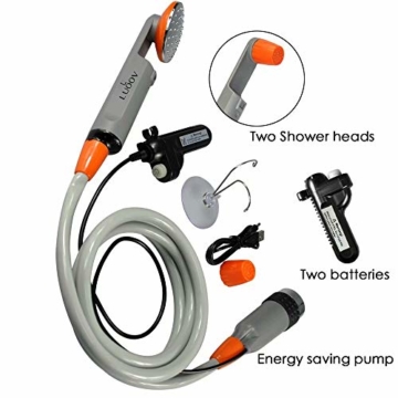 Qbuds Tragbare Campingdusche, kompakte Duschpumpe mit Zwei abnehmbaren USB-Akkus, Handbrause für Camping, Wandern, Reisen, Notfälle (2 Batterien) - 2