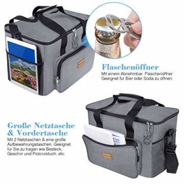 TAOCOCO Kühltasche 30L Picknicktasche faltbar Eistasche Mittagessen Isoliertasche Lunchtasche für Büro Camping, Beach Auto Outdoor Reisen (Grau) - 6