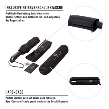 VON HEESEN Regenschirm sturmfest bis 140 km/h - inkl. Schirm-Tasche & Reise-Etui - Taschenschirm mit Auf-Zu-Automatik, klein, leicht & kompakt, Teflon-Beschichtung, windsicher, stabil (Schwarz) - 3