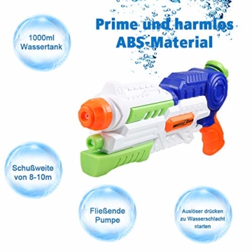 infinitoo Wasserpistole Spritzpistole Water Gun mit 1000ml Wassertank, 8-10 Meter Reichweite Blaster Spielzeug für Kinder, Erwachsene Party Garten Strand Pool etc. - 4