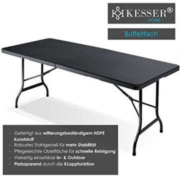 KESSER® Buffettisch Tisch klappbar Kunststoff 180x75 cm Rattan Optik Campingtisch Partytisch Klapptisch Gartentisch für Garten Terrasse und Balkon zusammenklappbar 6 Personen ink. Tragegriff Anthrazit - 4