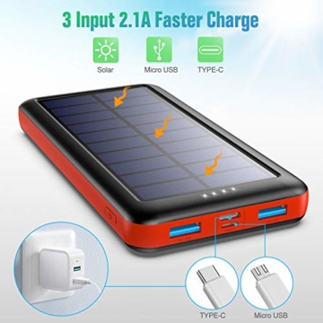 QTshine Solar Powerbank 26800mAh,Solarladegerät mit Eingängen Type C,Power Bank Hohe Kapazitat Externer Akku Fast Charge Tragbares Ladegerät Akkupack für iPhone, iPad, Samsung Galaxy und mehr - 7