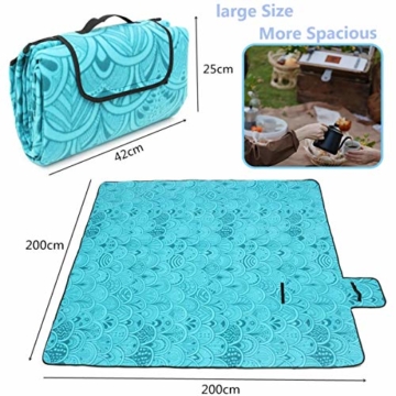 SaiXuan Picknickdecke 200 x 200 cm Outdoor Stranddecke wasserdichte sanddichte tolle Picknick-Matte Fleece wärmeisoliert wasserdicht mit Tragegriff (Pfauenblau) - 3