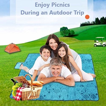 SaiXuan Picknickdecke 200 x 200 cm Outdoor Stranddecke wasserdichte sanddichte tolle Picknick-Matte Fleece wärmeisoliert wasserdicht mit Tragegriff (Pfauenblau) - 4