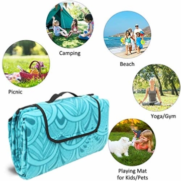 SaiXuan Picknickdecke 200 x 200 cm Outdoor Stranddecke wasserdichte sanddichte tolle Picknick-Matte Fleece wärmeisoliert wasserdicht mit Tragegriff (Pfauenblau) - 5