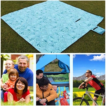 SaiXuan Picknickdecke 200 x 200 cm Outdoor Stranddecke wasserdichte sanddichte tolle Picknick-Matte Fleece wärmeisoliert wasserdicht mit Tragegriff (Pfauenblau) - 7