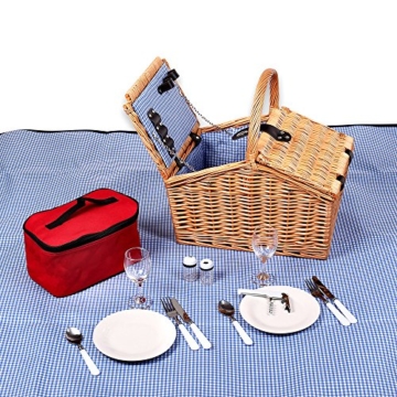 Schramm® Picknickkorb aus Weidenholz mit Henkel für 2 Personen hochwertiger Weidenkorb mit Picknickdecke Picknickset innen blau kariert - 2