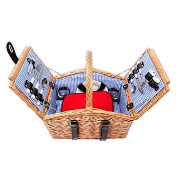 Schramm® Picknickkorb aus Weidenholz mit Henkel für 2 Personen hochwertiger Weidenkorb mit Picknickdecke Picknickset innen blau kariert - 1