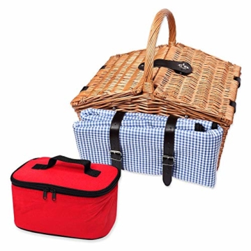 Schramm® Picknickkorb aus Weidenholz mit Henkel für 2 Personen hochwertiger Weidenkorb mit Picknickdecke Picknickset innen blau kariert - 5