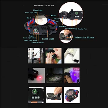 CWYPB Survival Armbacelet Watch, Multifunktionale Notfall-Welt-Outdoor-Umbrella Rope Woven Uhren mit Paracord Whistle Fire Starter Compass und Thermometer Gear,C - 3