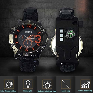 CWYPB Survival Armbacelet Watch, Multifunktionale Notfall-Welt-Outdoor-Umbrella Rope Woven Uhren mit Paracord Whistle Fire Starter Compass und Thermometer Gear,C - 4