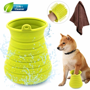 Idepet Hunde Pfote Reiniger,Haustier Pfotenreiniger mit Handtuch Dog Paw Cleaner für Hunde Katzen Massage Pflege Schmutzige Klauen (Grün) - 7