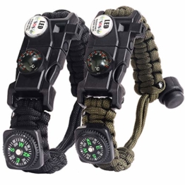 Paracord Survival Armband Kit für Herren Damen, Survival Armband mit Feuerstein + Kompass + Thermome (Schwarz + Armeegrün) - 1
