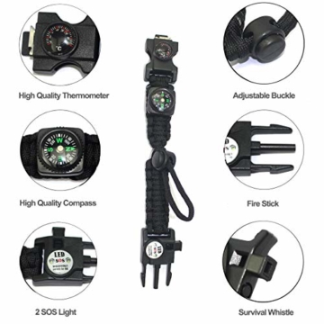 Paracord Survival Armband Kit für Herren Damen, Survival Armband mit Feuerstein + Kompass + Thermome (Schwarz + Armeegrün) - 4