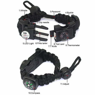 Paracord Survival Armband Kit für Herren Damen, Survival Armband mit Feuerstein + Kompass + Thermome (Schwarz + Armeegrün) - 6