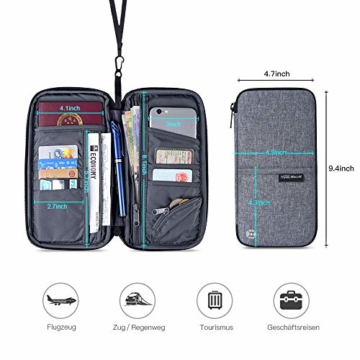 Reiseorganizer Tasche Ausweistasche mit RFID Blocker -Evershop Wasserdicht Reisedokumententasche Reisepass Tasche mit Handschlaufe für Pass, Kreditkarten, Flugkarten,Münzen und andere Reise-Zubehör - 4