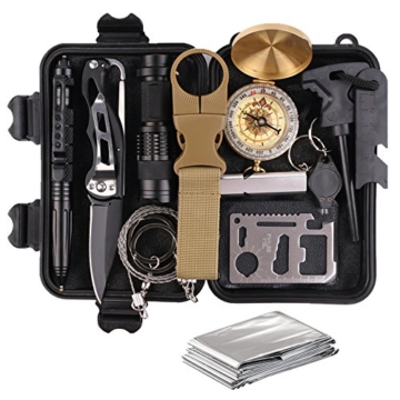 TRSCIND Survival Kit Set, Camping und Reisen - Notfall Set mit Klappmesser, Feuerstarter, Taschenlampe, Tactical Pen und Weiterem Zubehör - 1