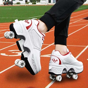 Fbestxie 2 in 1 Laufschuhe Turnschuhe Rädern Deformation Skateboard Schuhe Verstellbares Räder Skateboardschuhe Doppelrad,White red,38 - 2