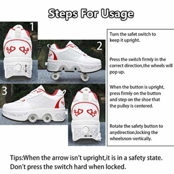 Fbestxie 2 in 1 Laufschuhe Turnschuhe Rädern Deformation Skateboard Schuhe Verstellbares Räder Skateboardschuhe Doppelrad,White red,38 - 4