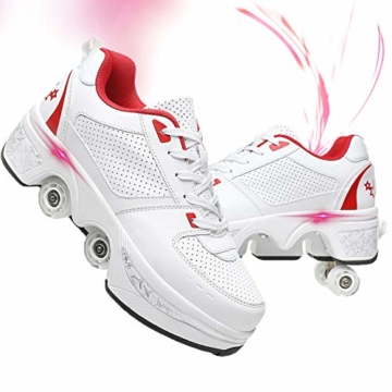 Fbestxie 2 in 1 Laufschuhe Turnschuhe Rädern Deformation Skateboard Schuhe Verstellbares Räder Skateboardschuhe Doppelrad,White red,38 - 1
