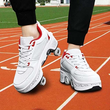 Fbestxie 2 in 1 Laufschuhe Turnschuhe Rädern Deformation Skateboard Schuhe Verstellbares Räder Skateboardschuhe Doppelrad,White red,38 - 7